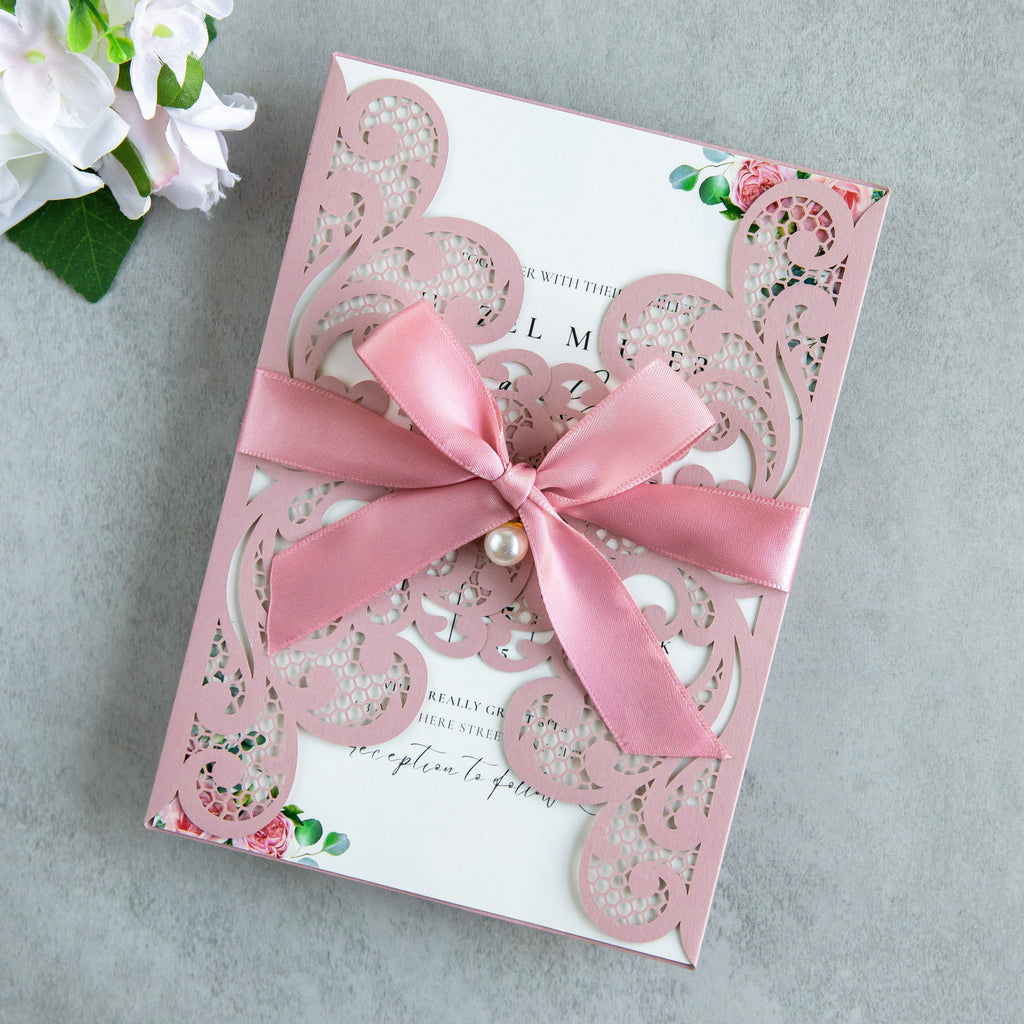 PONATIA 20 PCS Dusty Rose Laser Cut Invitation Cards with Ribbons and Rhinestone Pearls
