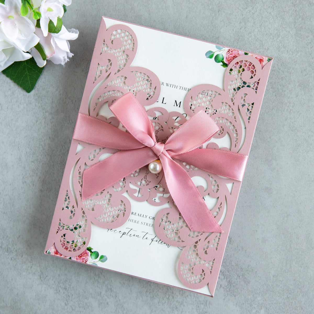 PONATIA 20 PCS Dusty Rose Laser Cut Invitation Cards with Ribbons and Rhinestone Pearls