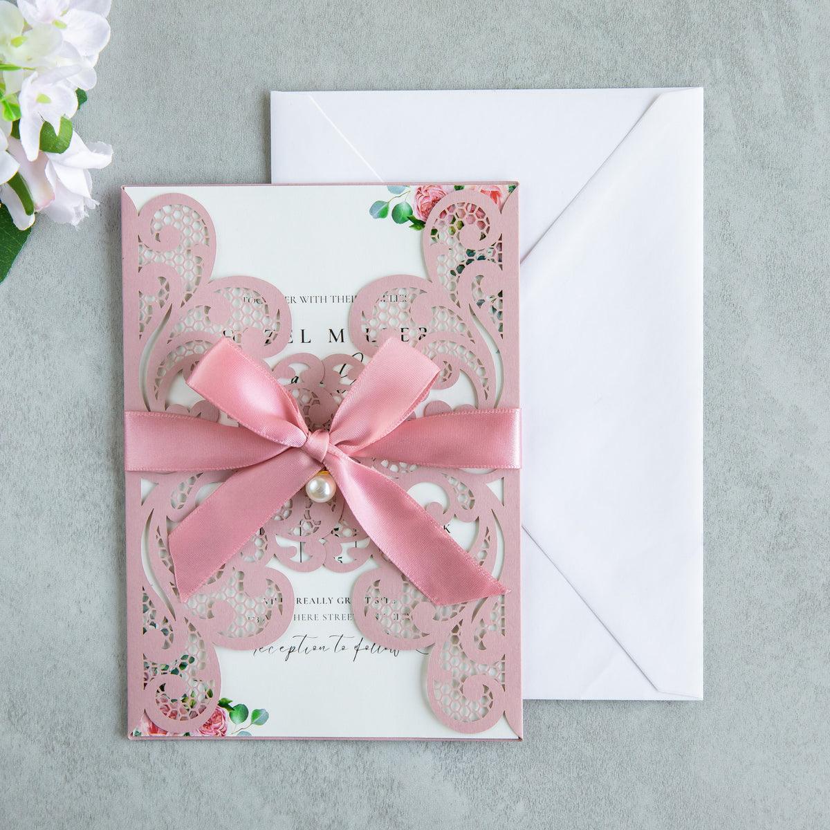 PONATIA 20 PCS Dusty Rose Laser Cut Invitation Cards with Ribbons and Rhinestone Pearls