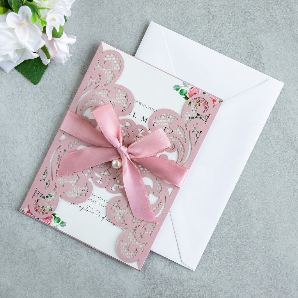 PONATIA 20 PCS Dusty Rose Laser Cut Invitation Cards with Ribbons and Rhinestone Pearls