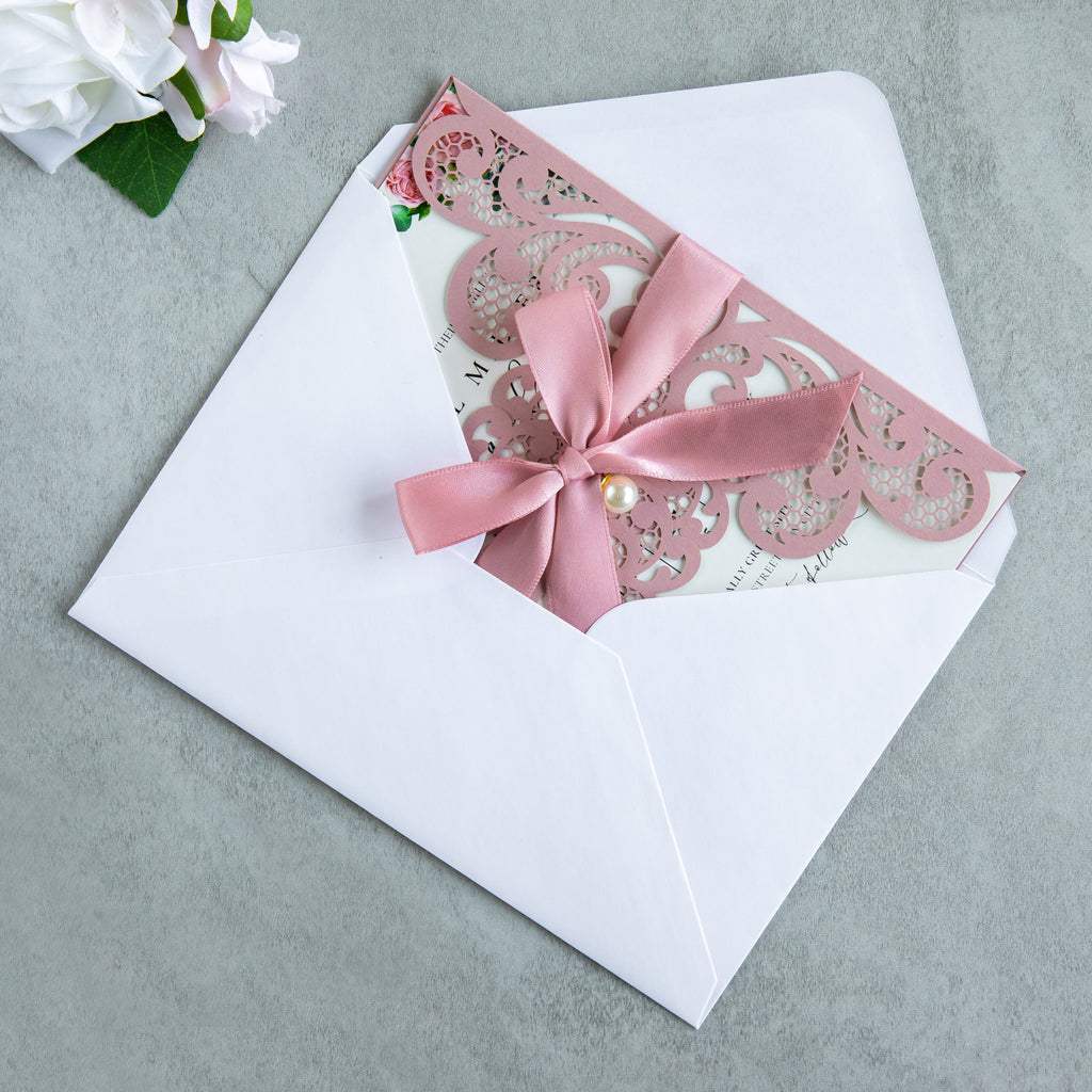 PONATIA 20 PCS Dusty Rose Laser Cut Invitation Cards with Ribbons and Rhinestone Pearls