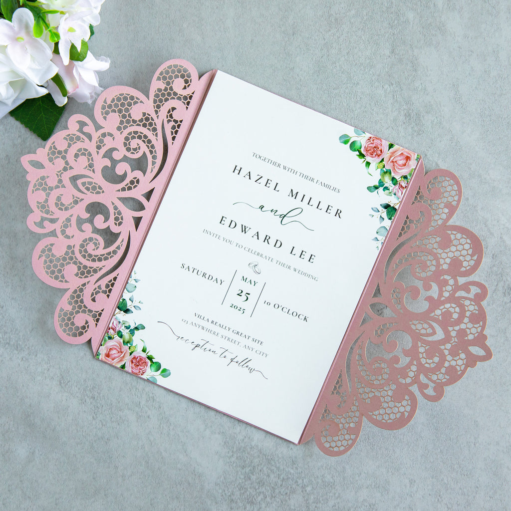 PONATIA 20 PCS Dusty Rose Laser Cut Invitation Cards with Ribbons and Rhinestone Pearls