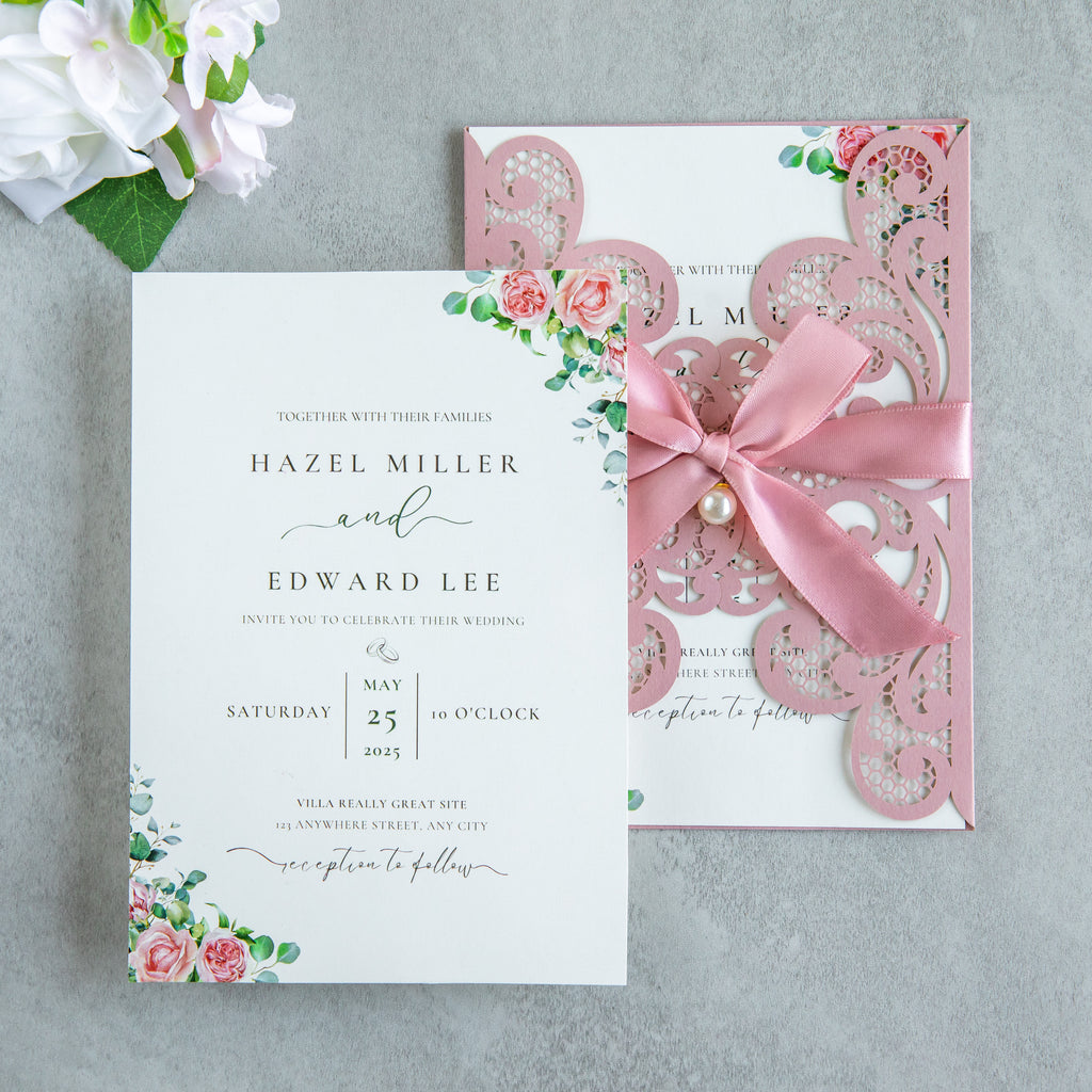 PONATIA 20 PCS Dusty Rose Laser Cut Invitation Cards with Ribbons and Rhinestone Pearls