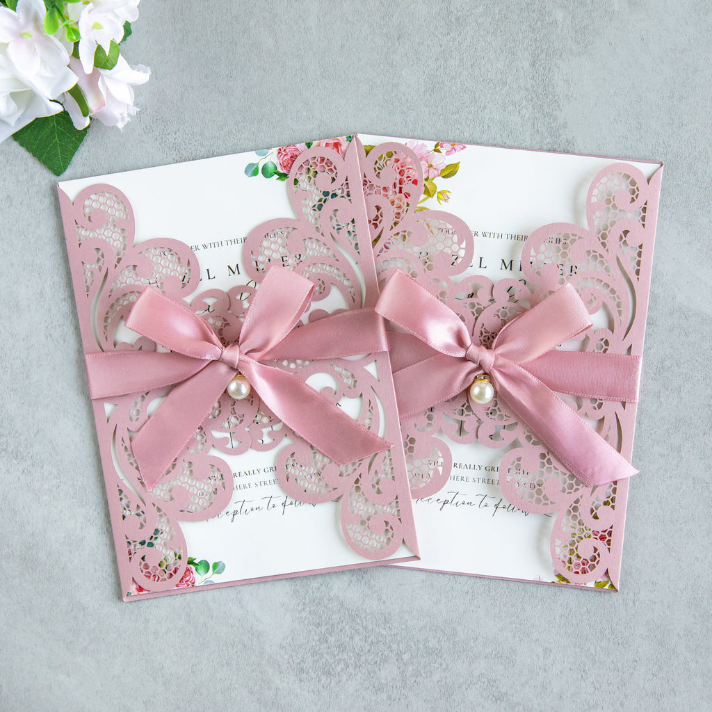PONATIA 20 PCS Dusty Rose Laser Cut Invitation Cards with Ribbons and Rhinestone Pearls
