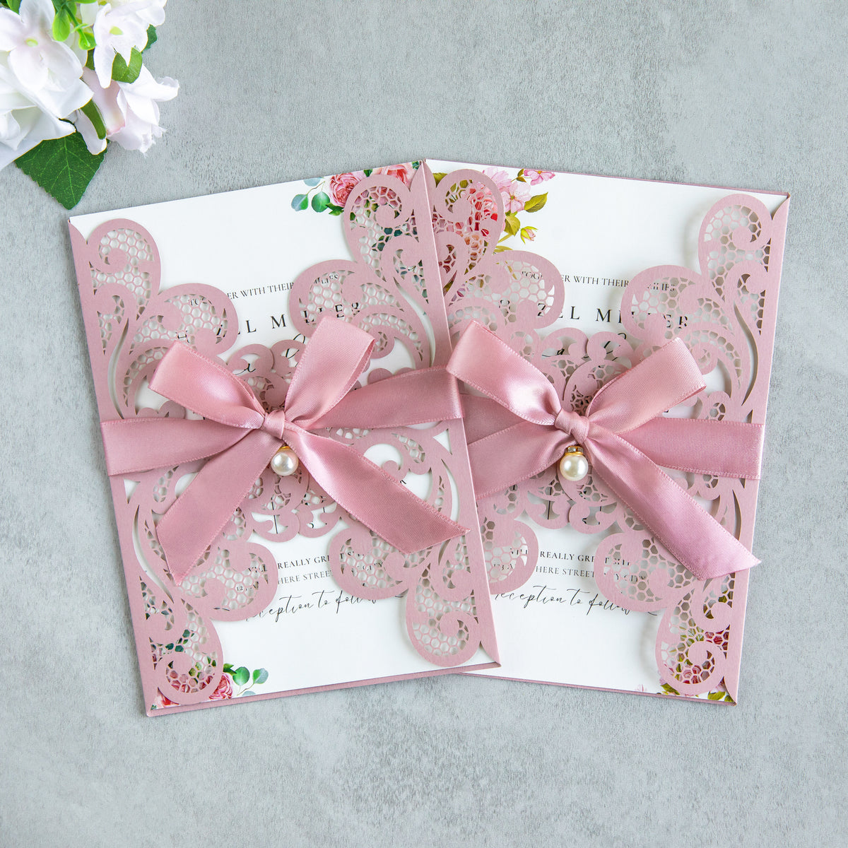 PONATIA 20 PCS Dusty Rose Laser Cut Invitation Cards with Ribbons and Rhinestone Pearls