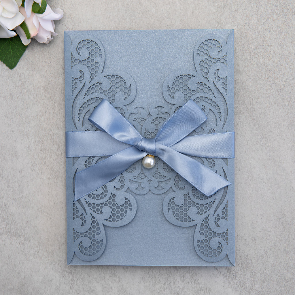 PONATIA 20 PCS Dusty Blue Laser Cut Invitation Cards with Ribbons and Rhinestone Pearls