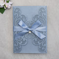 PONATIA 20 PCS Dusty Blue Laser Cut Invitation Cards with Ribbons and Rhinestone Pearls