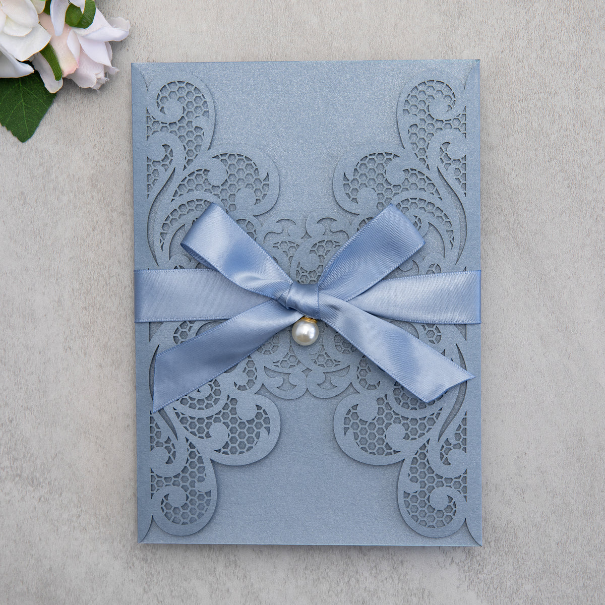 PONATIA 20 PCS Dusty Blue Laser Cut Invitation Cards with Ribbons and Rhinestone Pearls