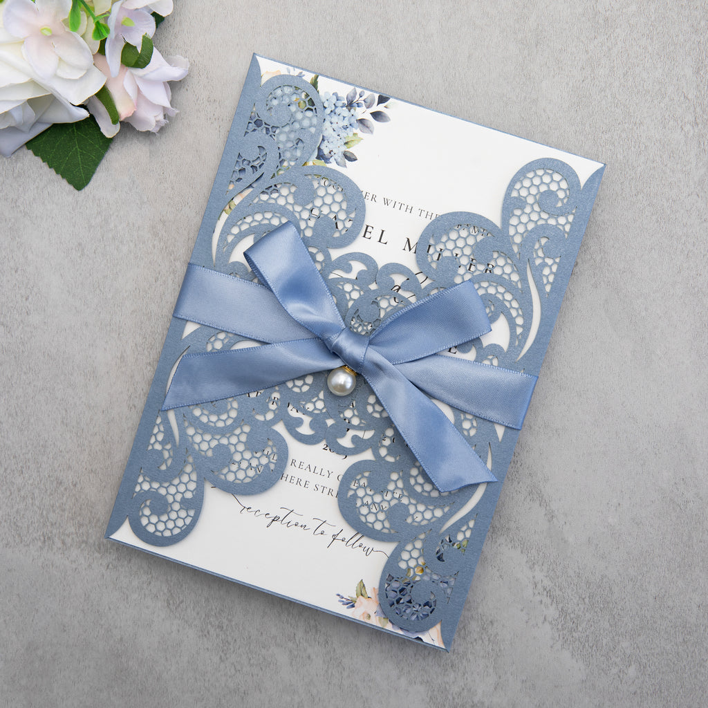 PONATIA 20 PCS Dusty Blue Laser Cut Invitation Cards with Ribbons and Rhinestone Pearls