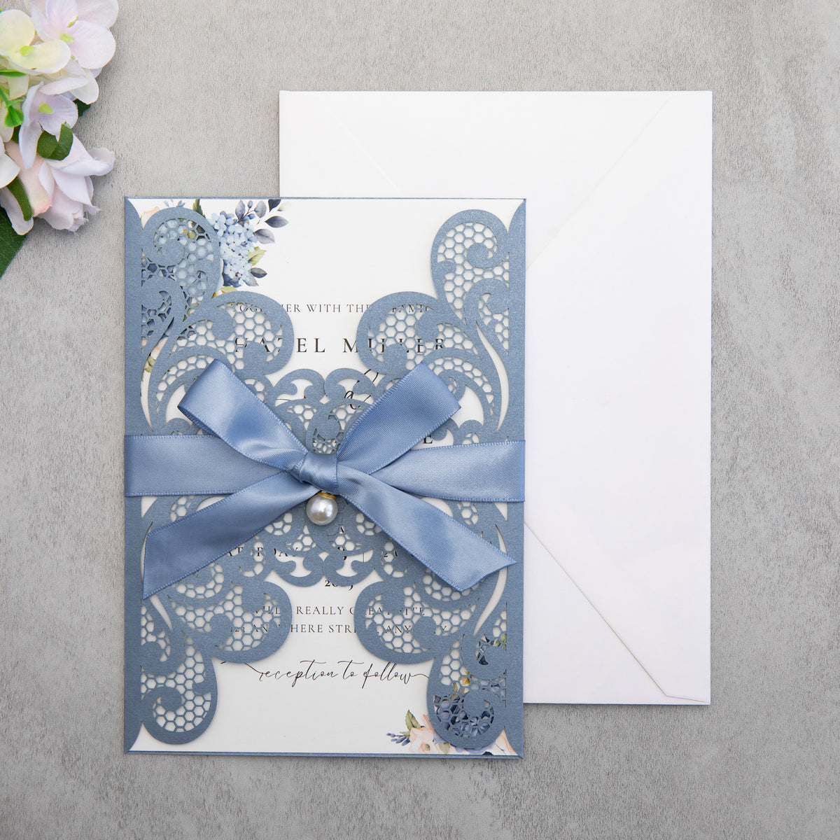 PONATIA 20 PCS Dusty Blue Laser Cut Invitation Cards with Ribbons and Rhinestone Pearls
