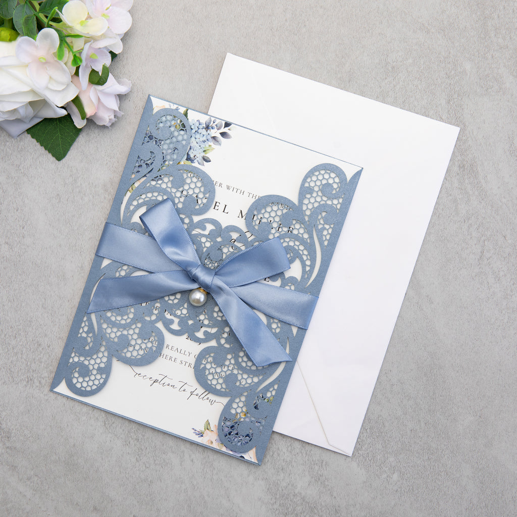 PONATIA 20 PCS Dusty Blue Laser Cut Invitation Cards with Ribbons and Rhinestone Pearls