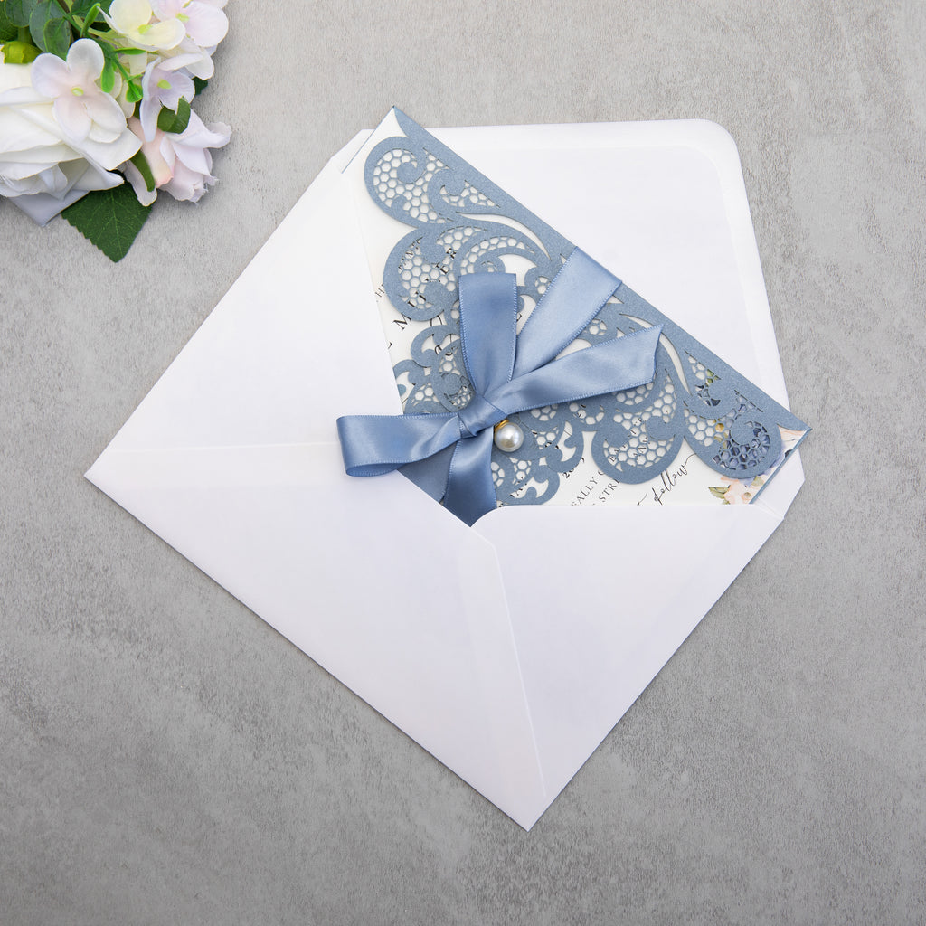 PONATIA 20 PCS Dusty Blue Laser Cut Invitation Cards with Ribbons and Rhinestone Pearls
