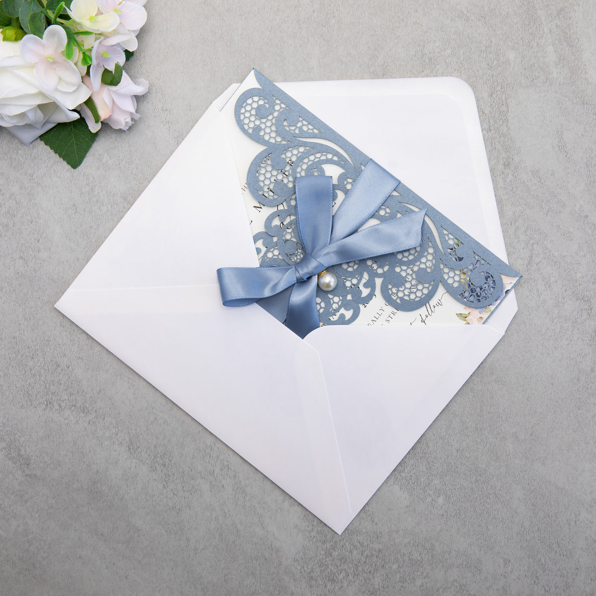 PONATIA 20 PCS Dusty Blue Laser Cut Invitation Cards with Ribbons and Rhinestone Pearls