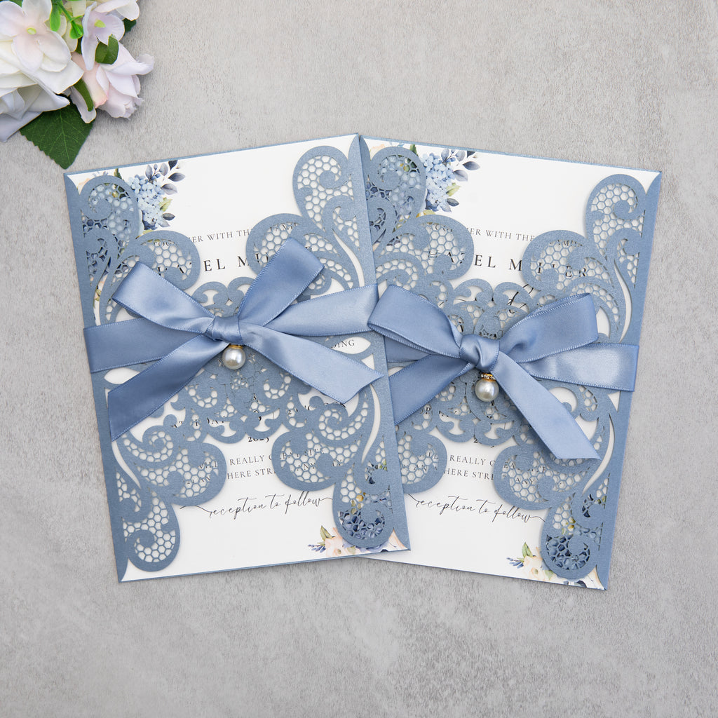 PONATIA 20 PCS Dusty Blue Laser Cut Invitation Cards with Ribbons and Rhinestone Pearls