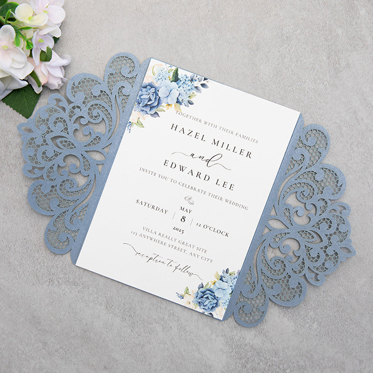 PONATIA 20 PCS Dusty Blue Laser Cut Invitation Cards with Ribbons and Rhinestone Pearls
