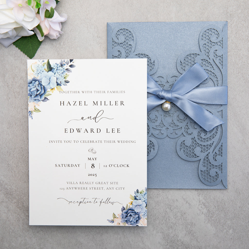 PONATIA 20 PCS Dusty Blue Laser Cut Invitation Cards with Ribbons and Rhinestone Pearls