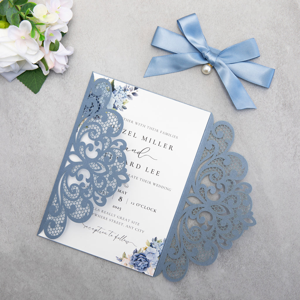 PONATIA 20 PCS Dusty Blue Laser Cut Invitation Cards with Ribbons and Rhinestone Pearls