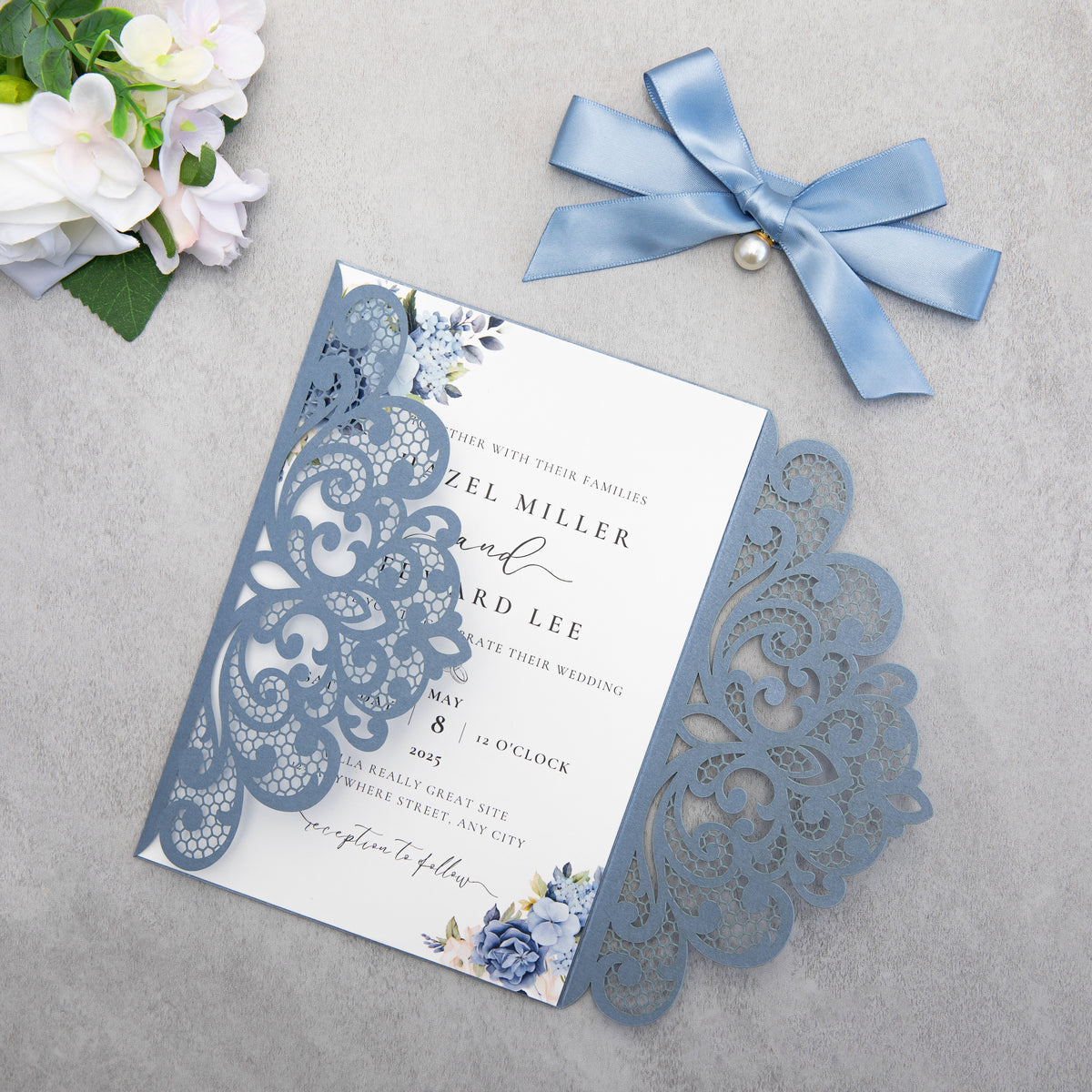 PONATIA 20 PCS Dusty Blue Laser Cut Invitation Cards with Ribbons and Rhinestone Pearls