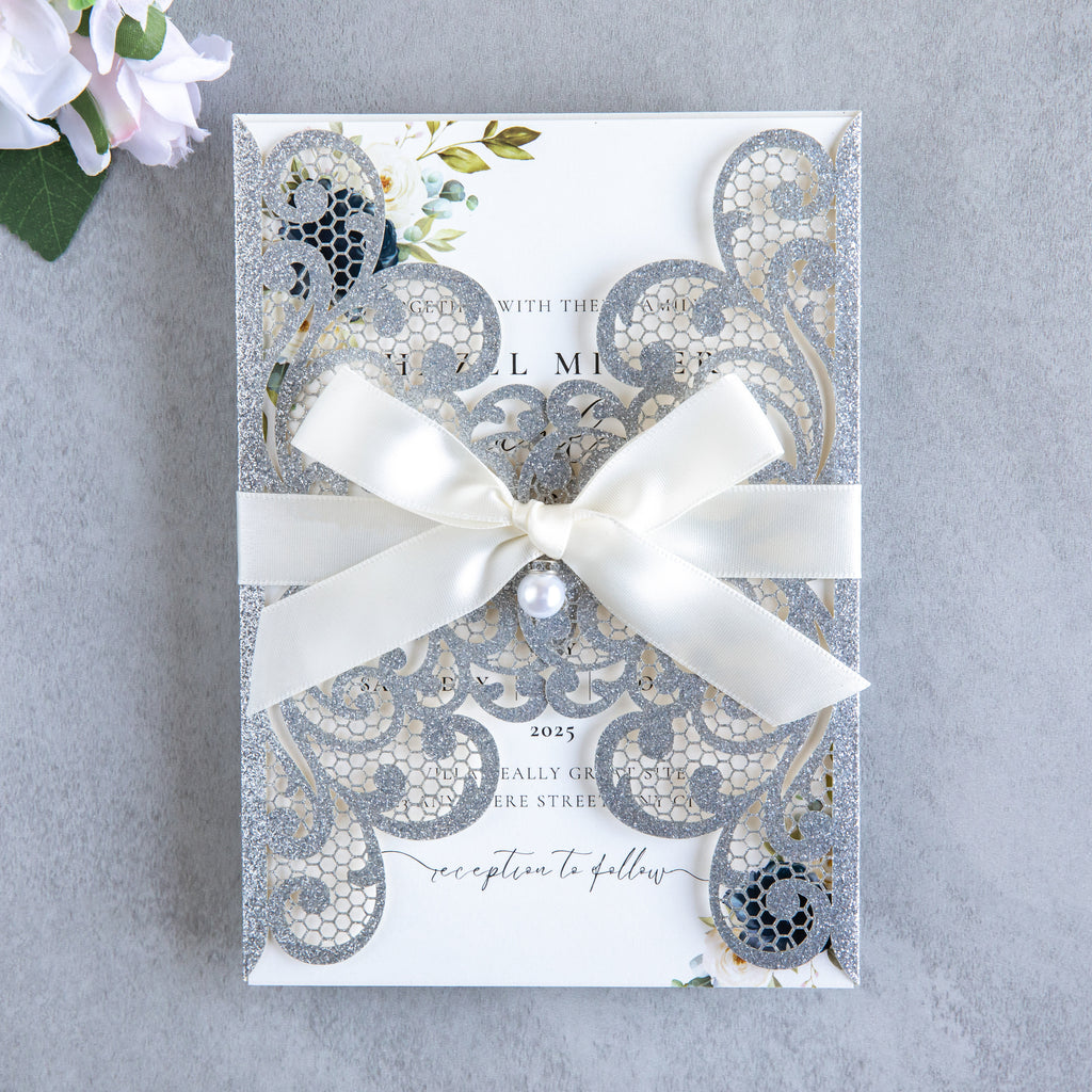 PONATIA 20 PCS Sliver Laser Cut Invitation Cards with Ribbons and Rhinestone Pearls
