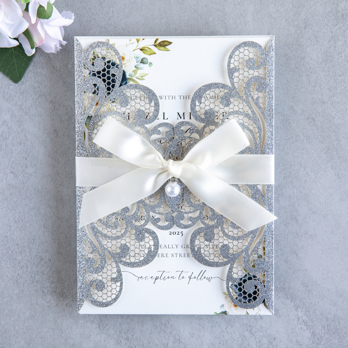 PONATIA 20 PCS Sliver Laser Cut Invitation Cards with Ribbons and Rhinestone Pearls