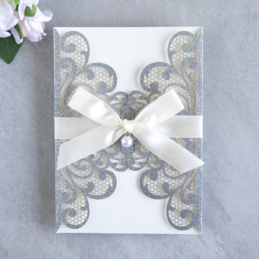 PONATIA 20 PCS Sliver Laser Cut Invitation Cards with Ribbons and Rhinestone Pearls