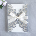 PONATIA 20 PCS Sliver Laser Cut Invitation Cards with Ribbons and Rhinestone Pearls