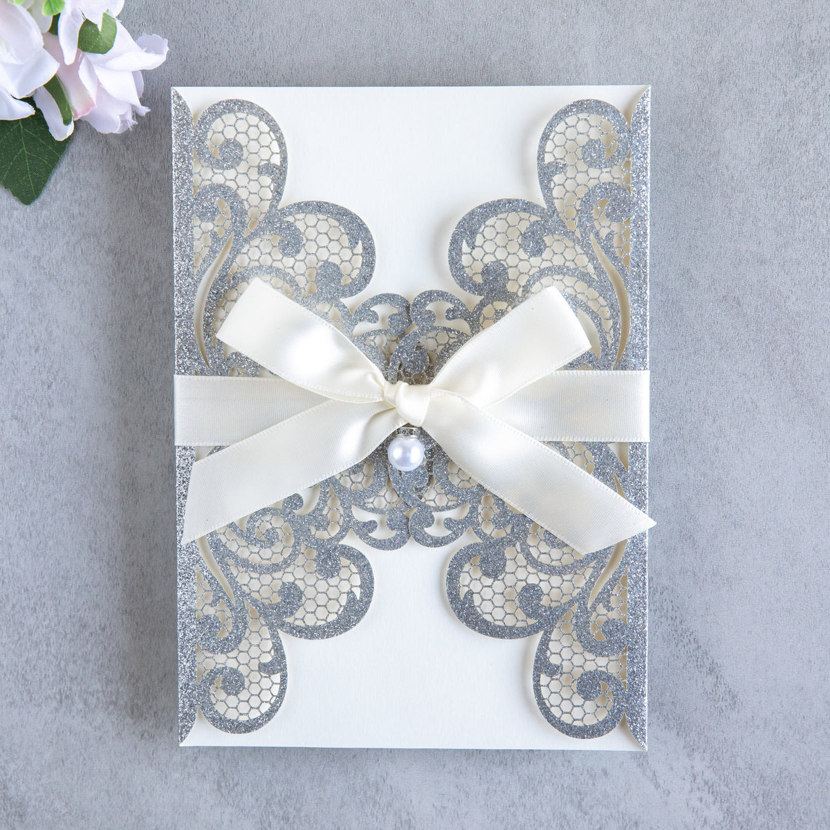 PONATIA 20 PCS Sliver Laser Cut Invitation Cards with Ribbons and Rhinestone Pearls