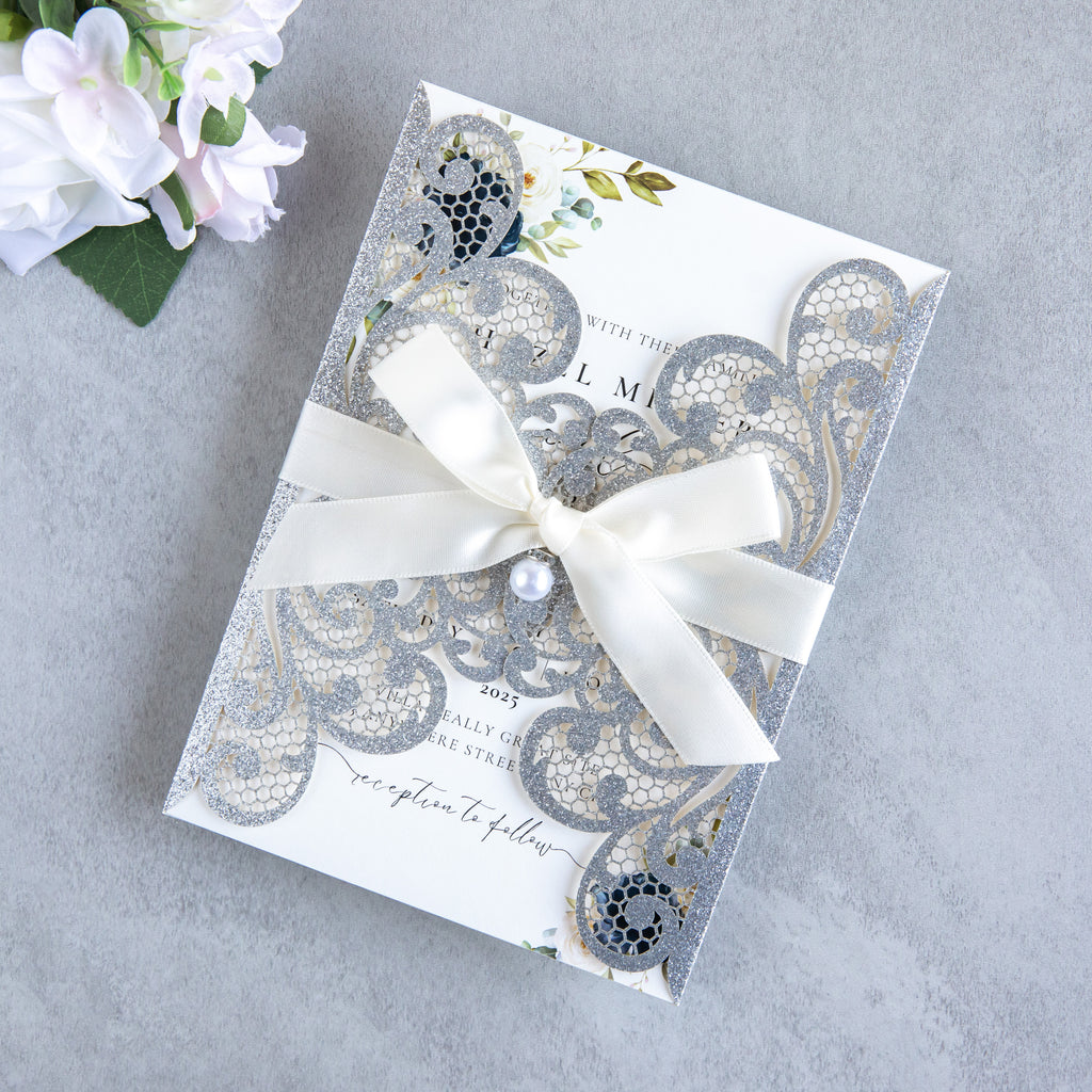 PONATIA 20 PCS Sliver Laser Cut Invitation Cards with Ribbons and Rhinestone Pearls
