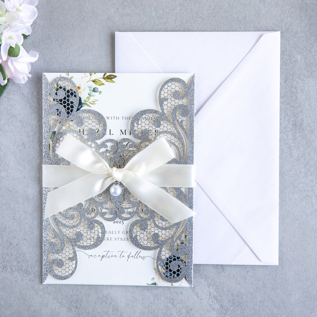 PONATIA 20 PCS Sliver Laser Cut Invitation Cards with Ribbons and Rhinestone Pearls