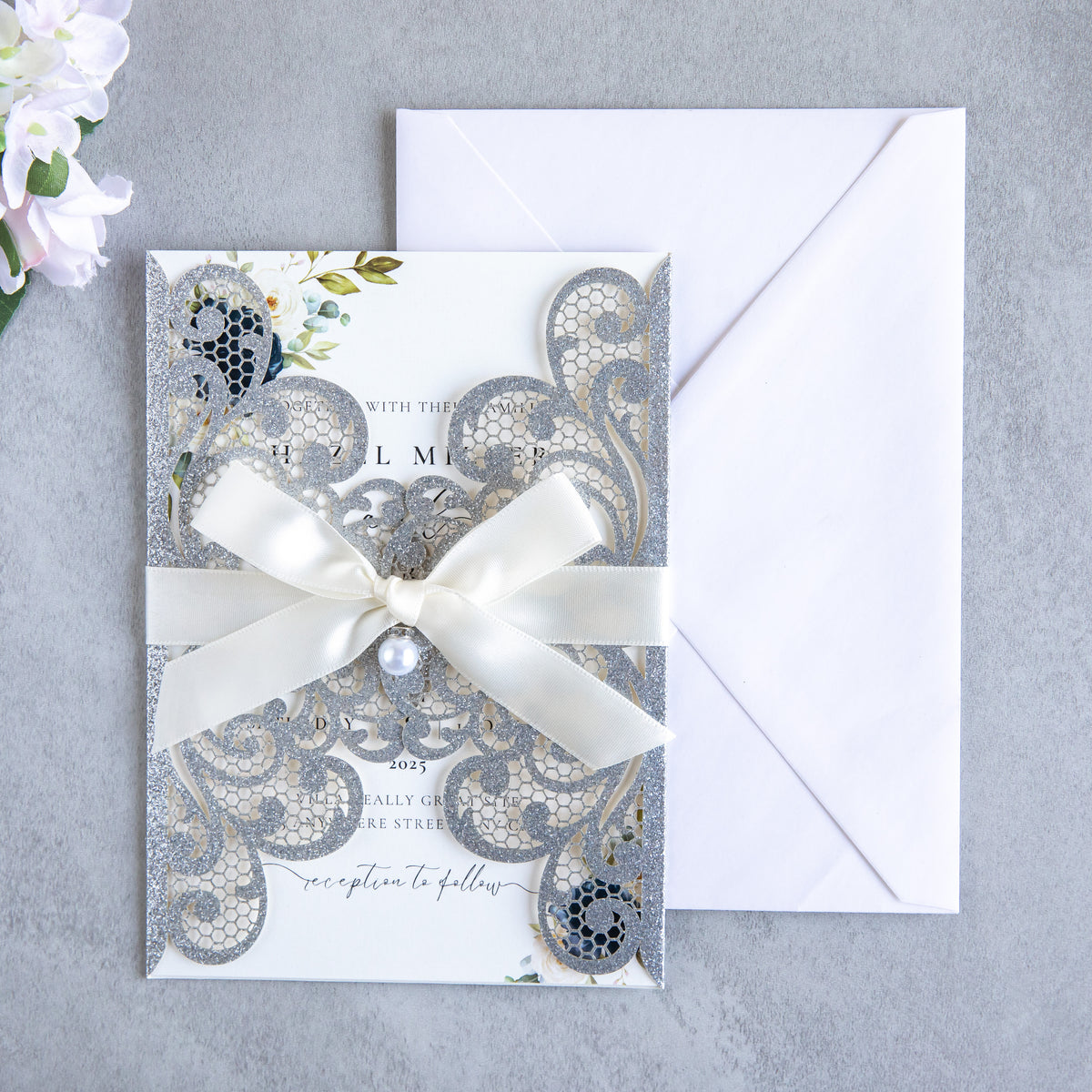 PONATIA 20 PCS Sliver Laser Cut Invitation Cards with Ribbons and Rhinestone Pearls