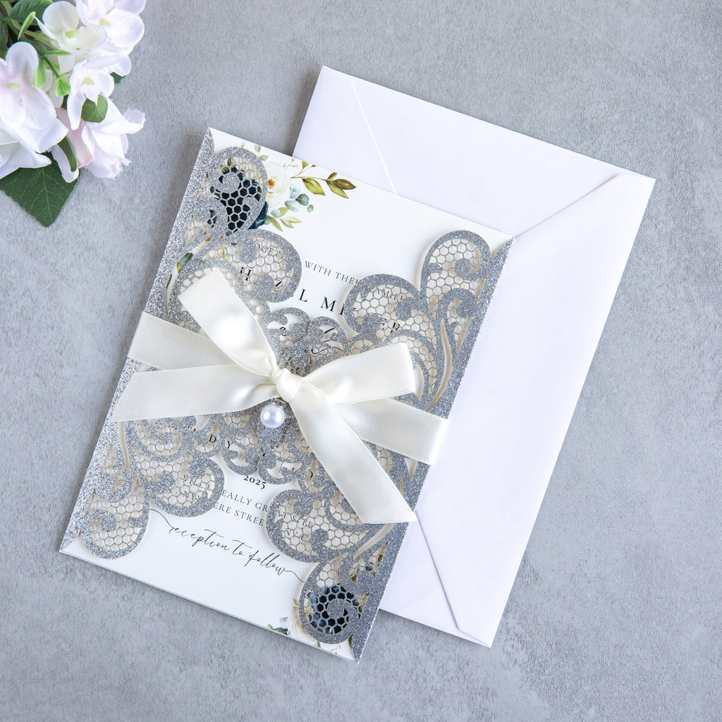PONATIA 20 PCS Sliver Laser Cut Invitation Cards with Ribbons and Rhinestone Pearls