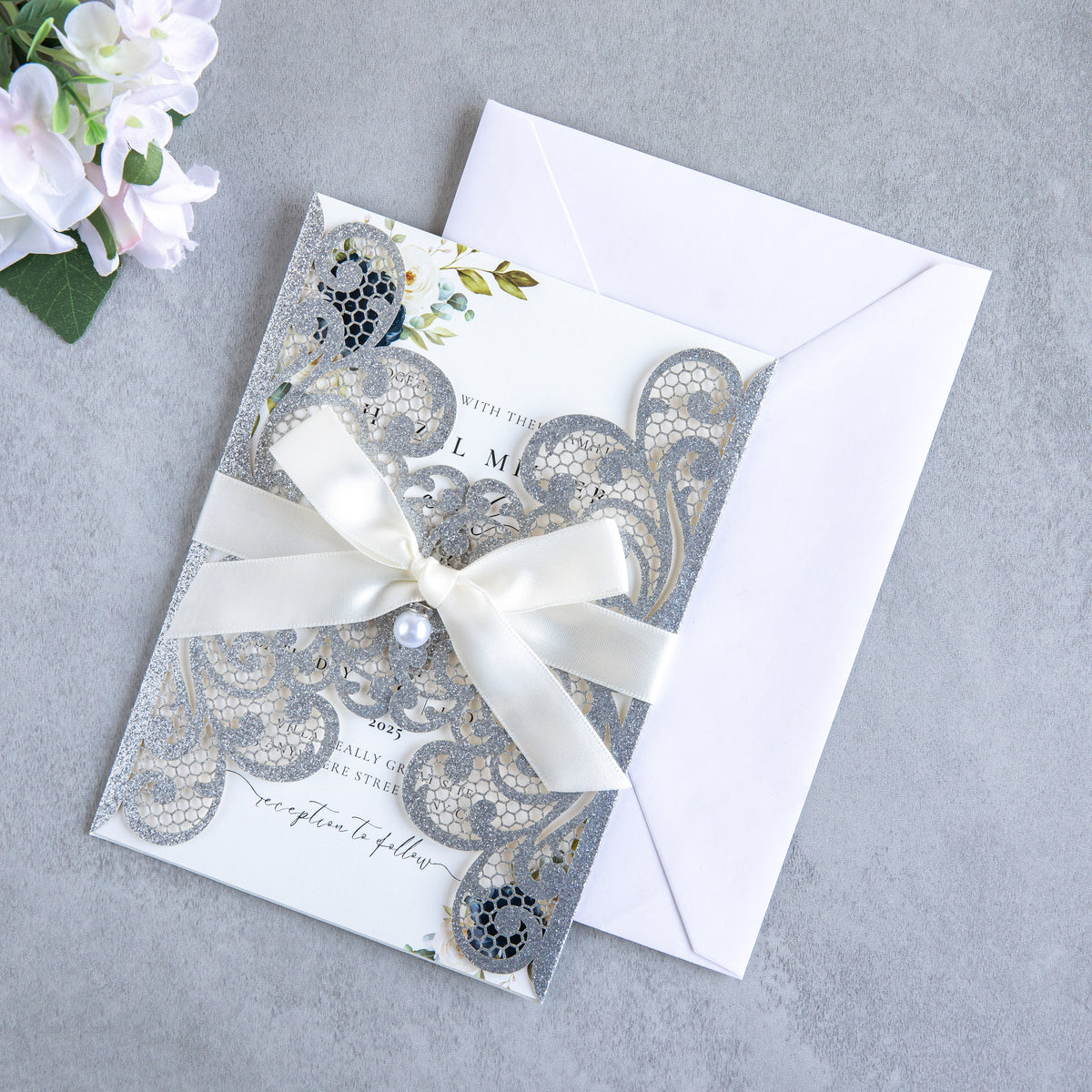 PONATIA 20 PCS Sliver Laser Cut Invitation Cards with Ribbons and Rhinestone Pearls