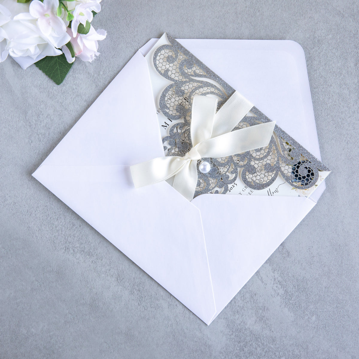 PONATIA 20 PCS Sliver Laser Cut Invitation Cards with Ribbons and Rhinestone Pearls