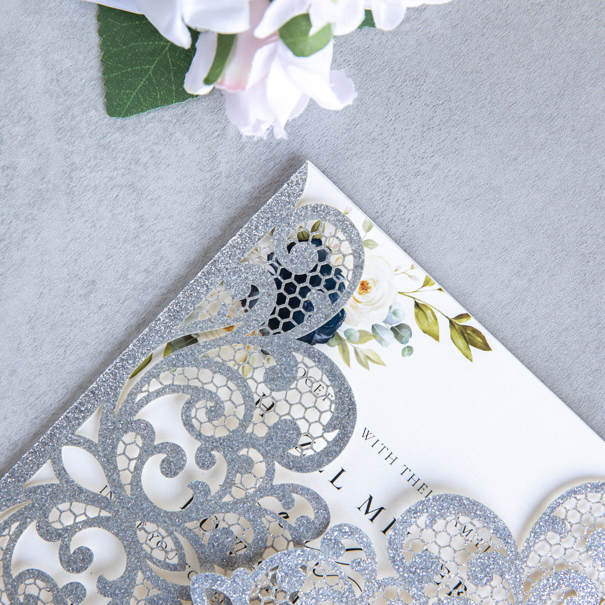 PONATIA 20 PCS Sliver Laser Cut Invitation Cards with Ribbons and Rhinestone Pearls
