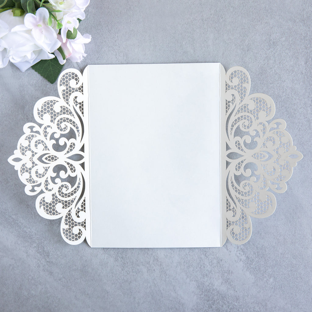 PONATIA 20 PCS Sliver Laser Cut Invitation Cards with Ribbons and Rhinestone Pearls