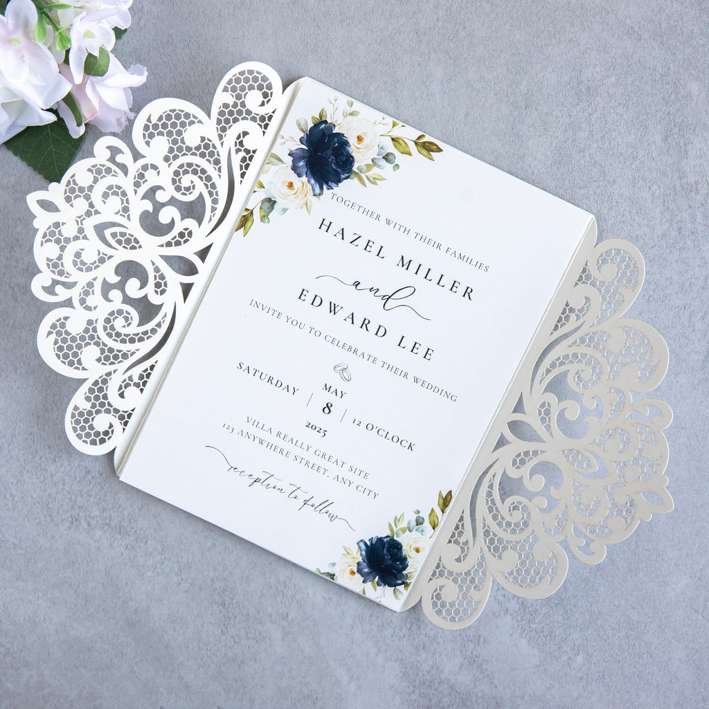 PONATIA 20 PCS Sliver Laser Cut Invitation Cards with Ribbons and Rhinestone Pearls