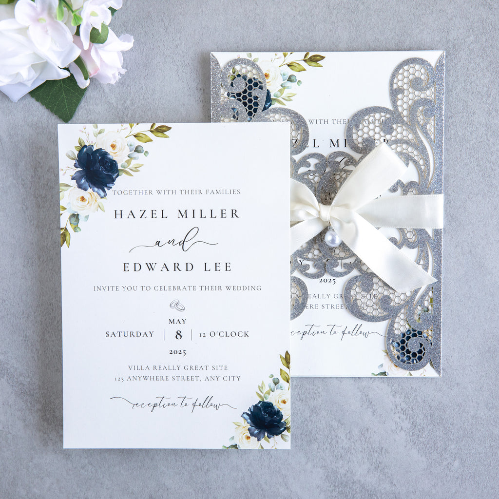 PONATIA 20 PCS Sliver Laser Cut Invitation Cards with Ribbons and Rhinestone Pearls