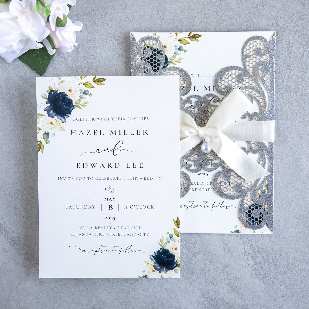 PONATIA 20 PCS Sliver Laser Cut Invitation Cards with Ribbons and Rhinestone Pearls