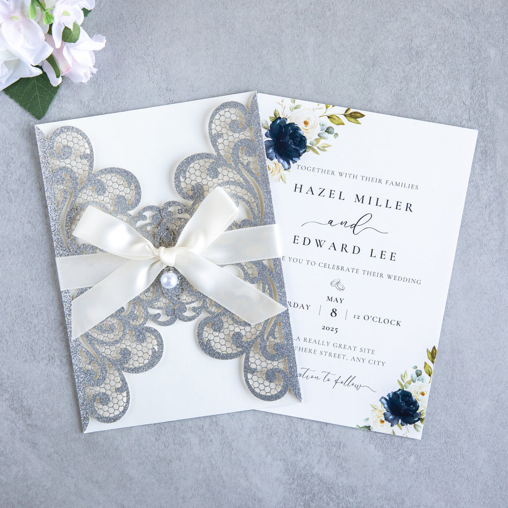 PONATIA 20 PCS Sliver Laser Cut Invitation Cards with Ribbons and Rhinestone Pearls