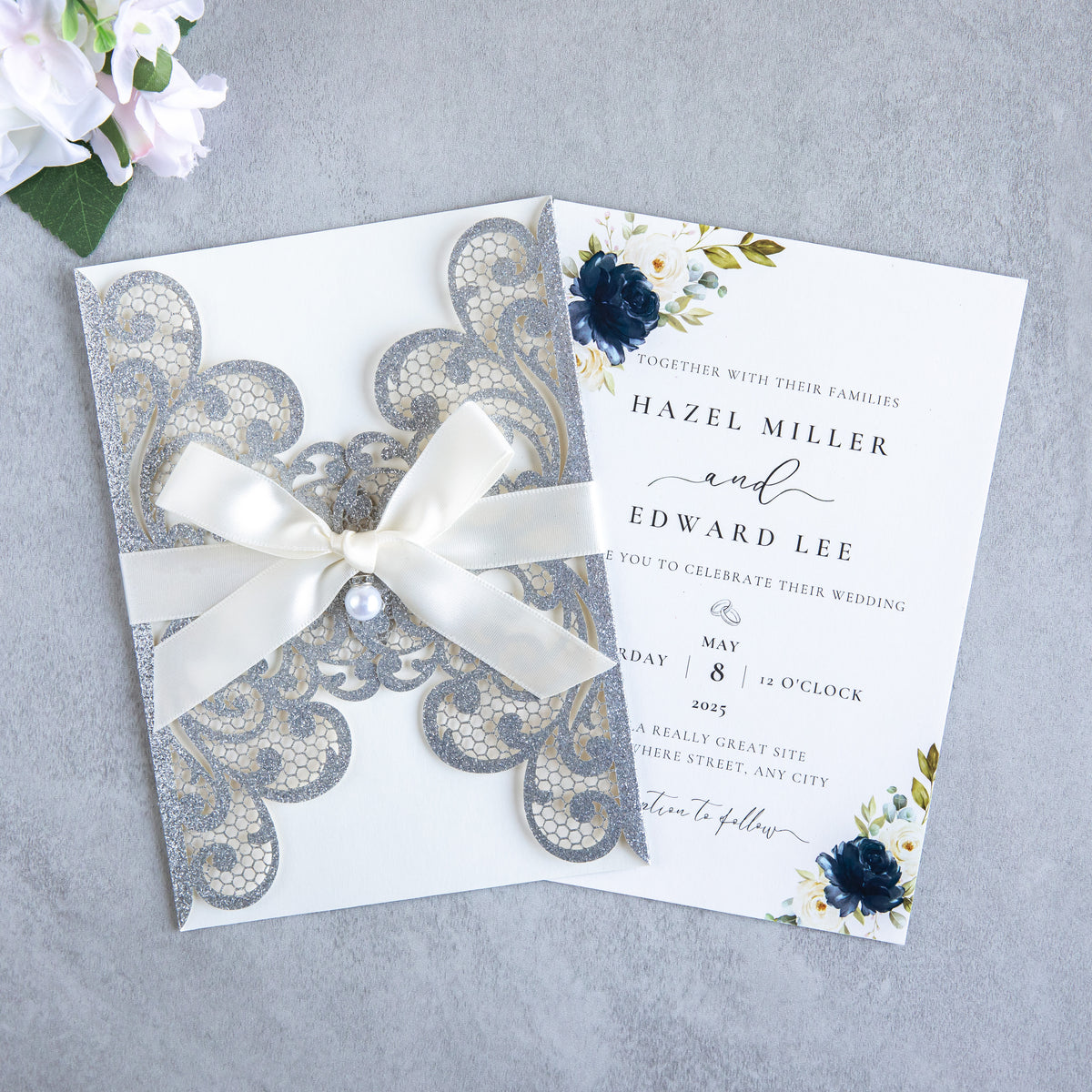PONATIA 20 PCS Sliver Laser Cut Invitation Cards with Ribbons and Rhinestone Pearls