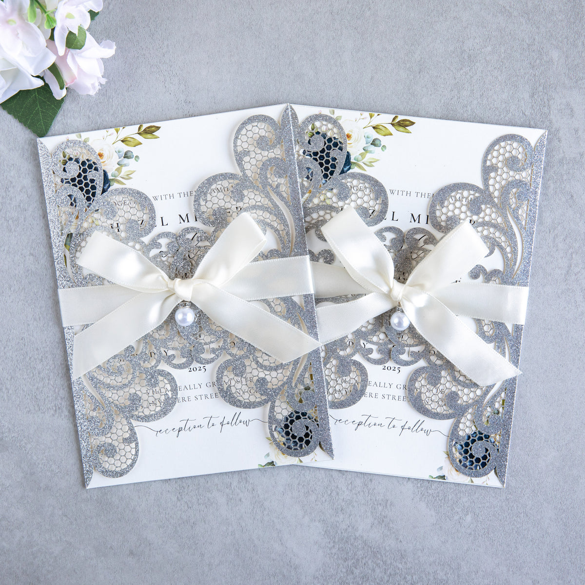 PONATIA 20 PCS Sliver Laser Cut Invitation Cards with Ribbons and Rhinestone Pearls