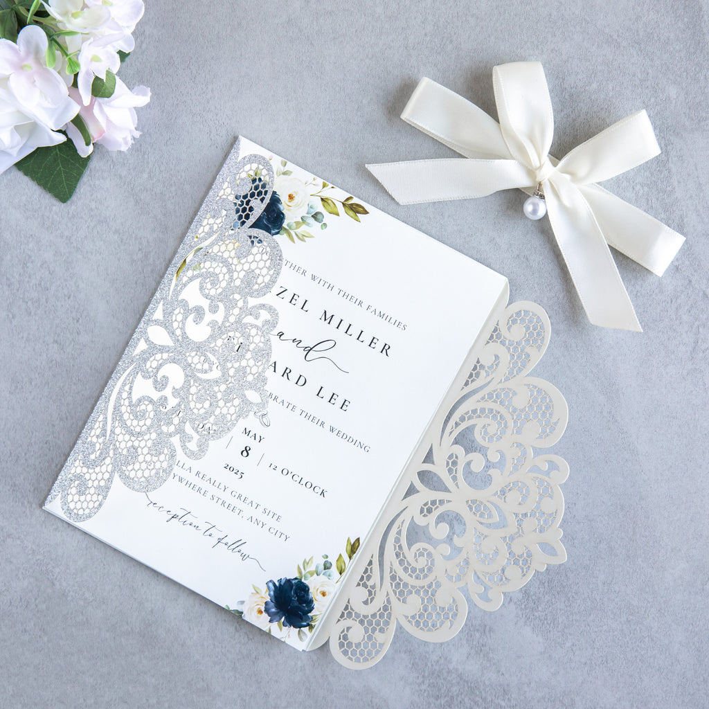 PONATIA 20 PCS Sliver Laser Cut Invitation Cards with Ribbons and Rhinestone Pearls