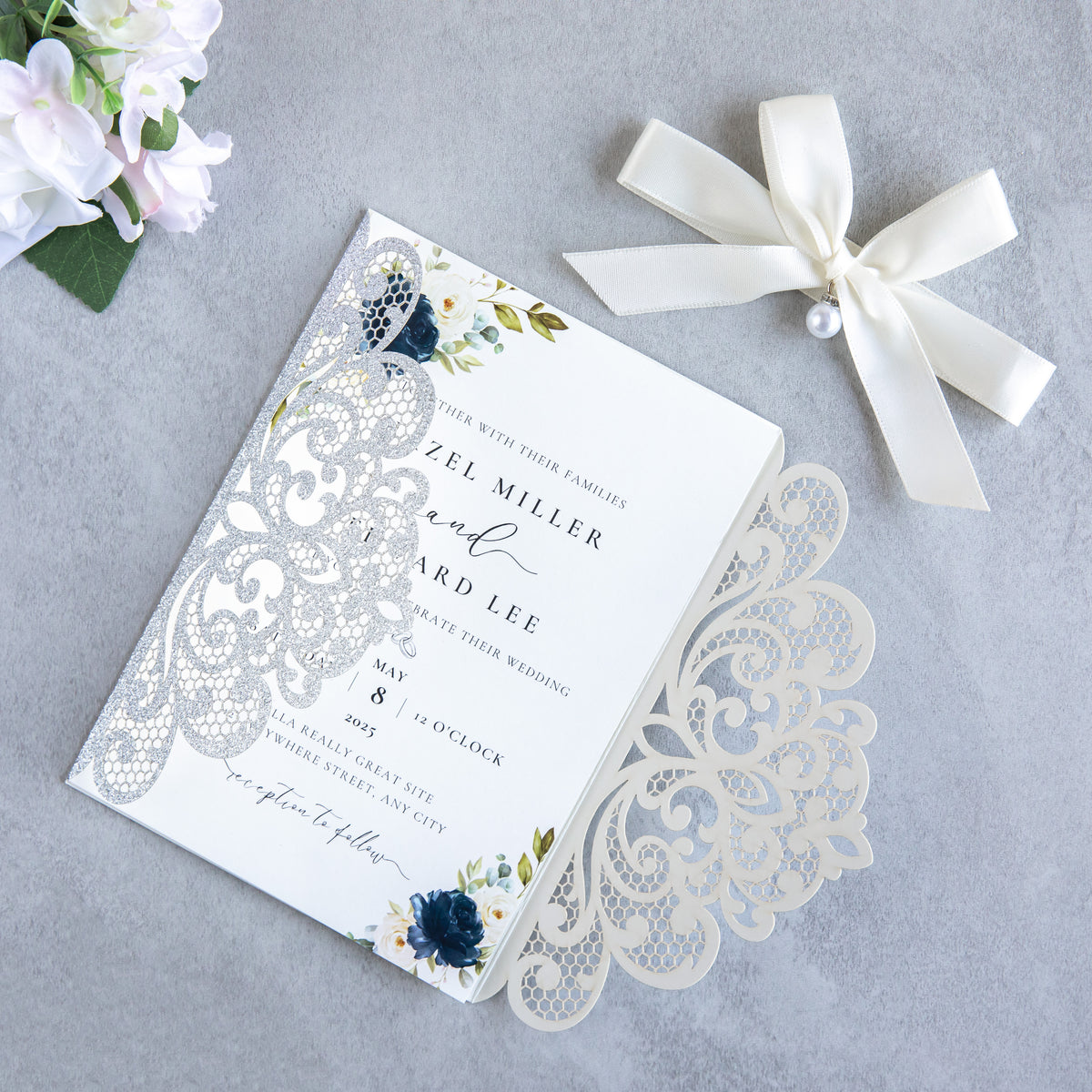 PONATIA 20 PCS Sliver Laser Cut Invitation Cards with Ribbons and Rhinestone Pearls