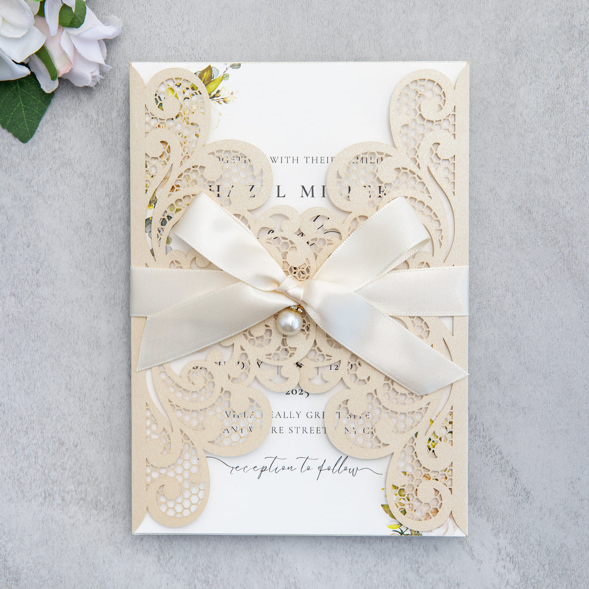 PONATIA 20 PCS Champagne Laser Cut Invitation Cards with Ribbons and Rhinestone Pearls