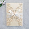 PONATIA 20 PCS Champagne Laser Cut Invitation Cards with Ribbons and Rhinestone Pearls
