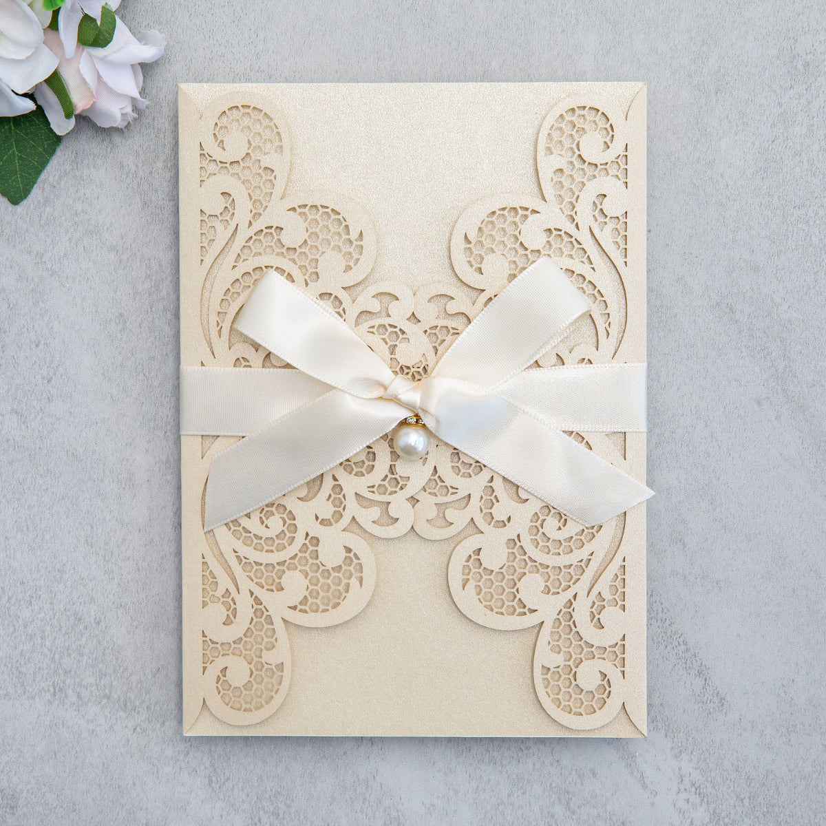 PONATIA 20 PCS Champagne Laser Cut Invitation Cards with Ribbons and Rhinestone Pearls