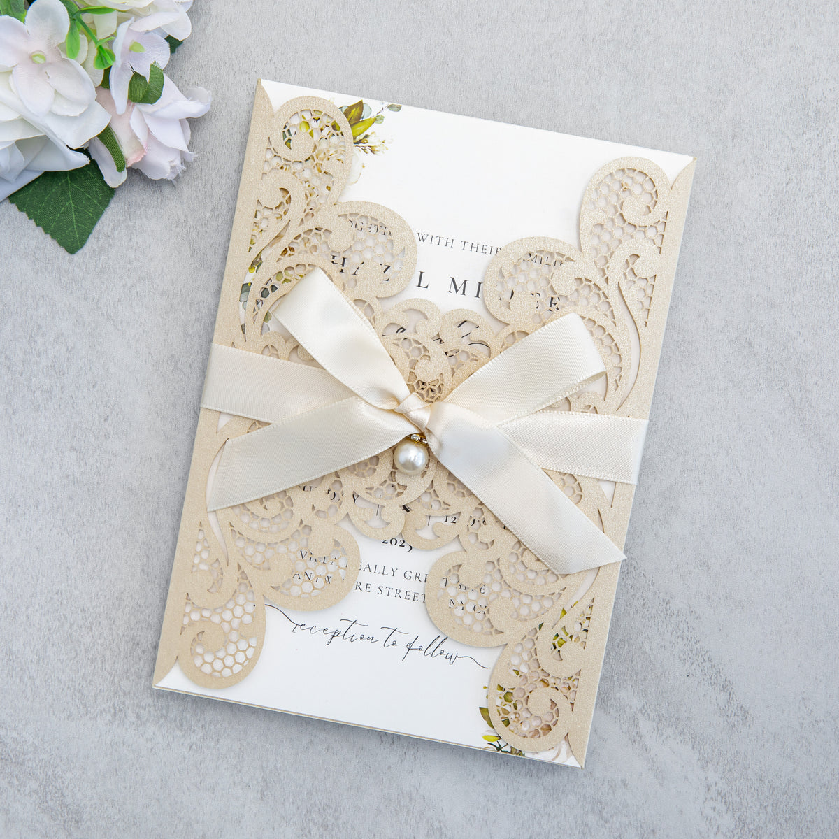 PONATIA 20 PCS Champagne Laser Cut Invitation Cards with Ribbons and Rhinestone Pearls