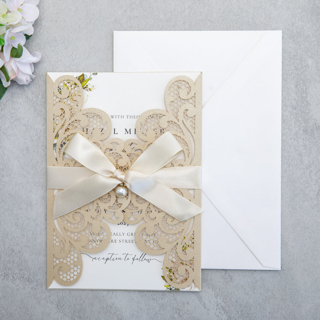 PONATIA 20 PCS Champagne Laser Cut Invitation Cards with Ribbons and Rhinestone Pearls