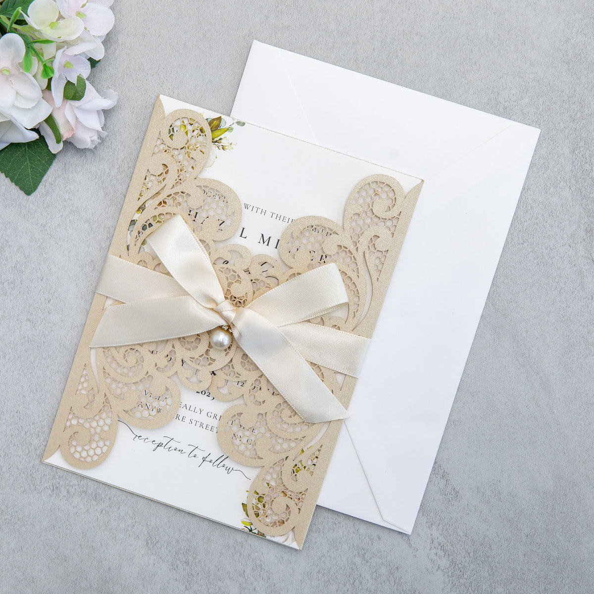 PONATIA 20 PCS Champagne Laser Cut Invitation Cards with Ribbons and Rhinestone Pearls