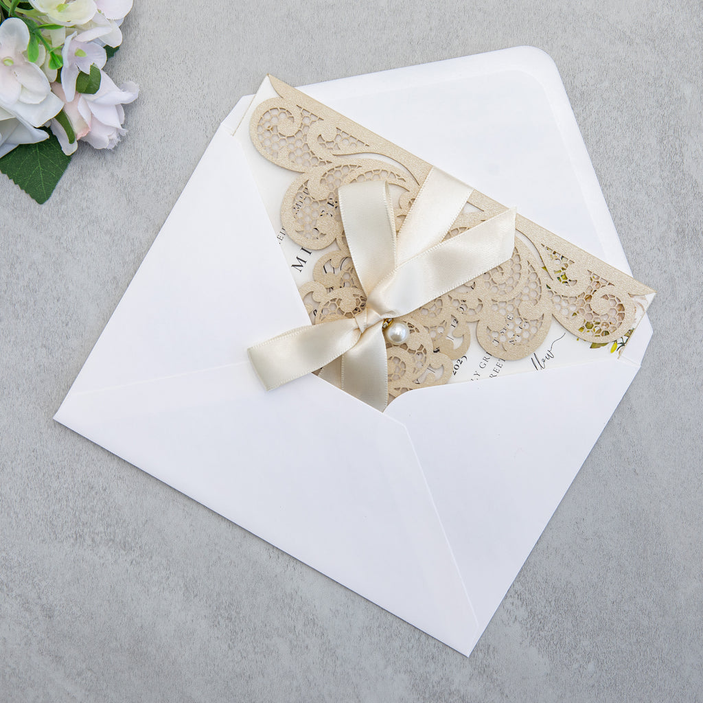 PONATIA 20 PCS Champagne Laser Cut Invitation Cards with Ribbons and Rhinestone Pearls